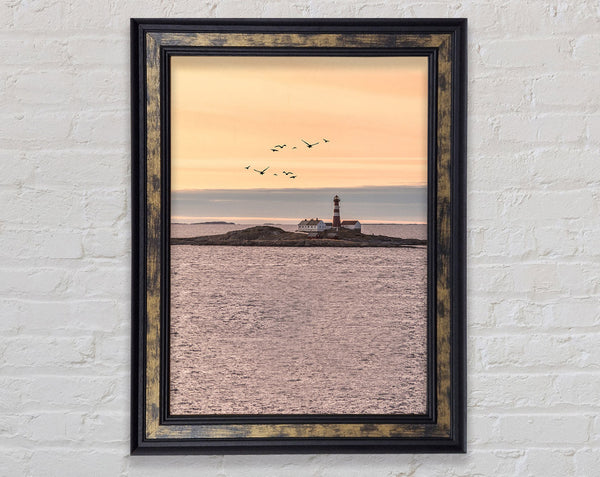 Distant Lighthouse With Birds Flying