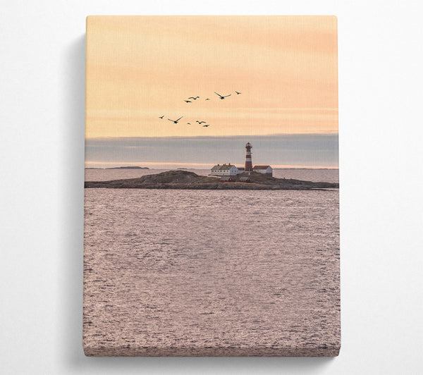 Distant Lighthouse With Birds Flying