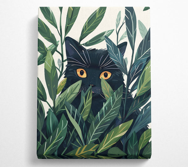 Black Cat In Green Leaves