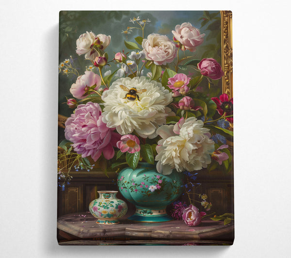 Teal Vase With Peonies