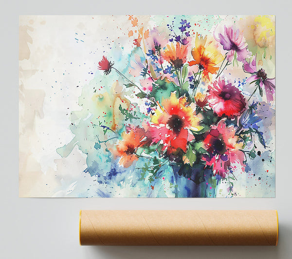 Watercolor Burst Of Red Flowers.