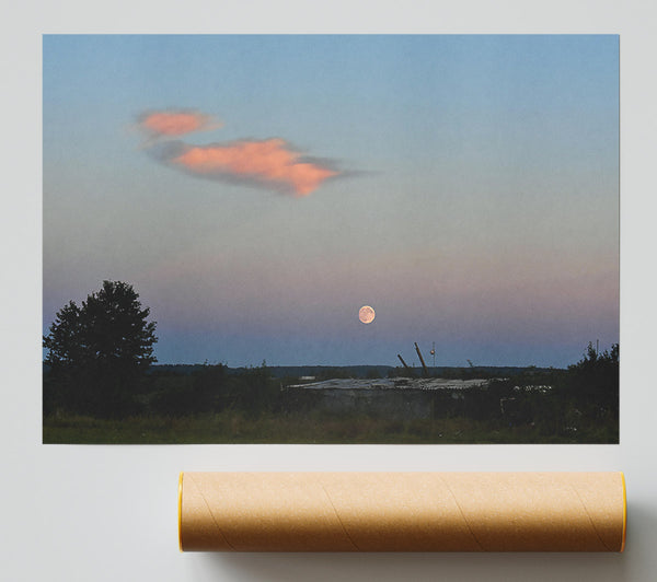 Pink Moonrise Over Field