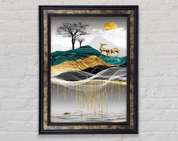 Golden Deer On Abstract Hill