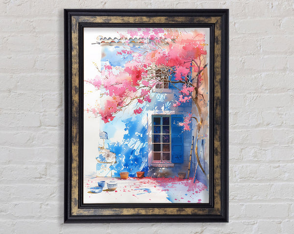 Pink Blossom Tree Blue House