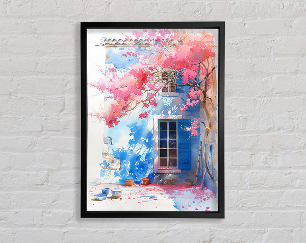 Pink Blossom Tree Blue House