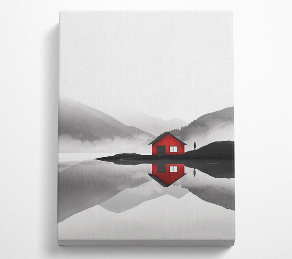 Red Cabin On The Black And White Sky