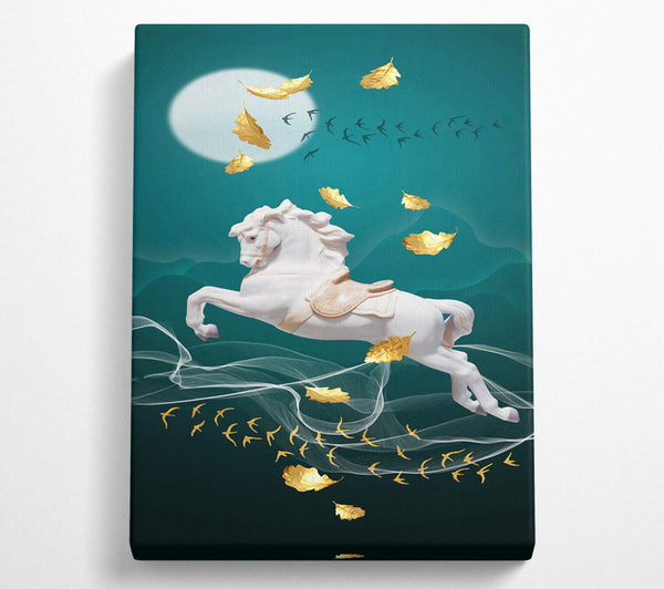 White Horse With Golden Leaves  Turquoise