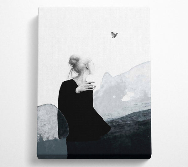 Woman In Black Looking At Butterfly