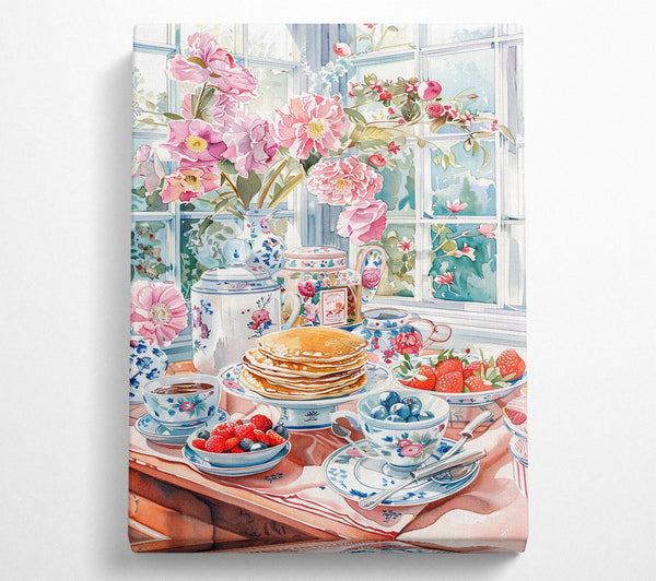 A Still Life With Flowers And Pancakes