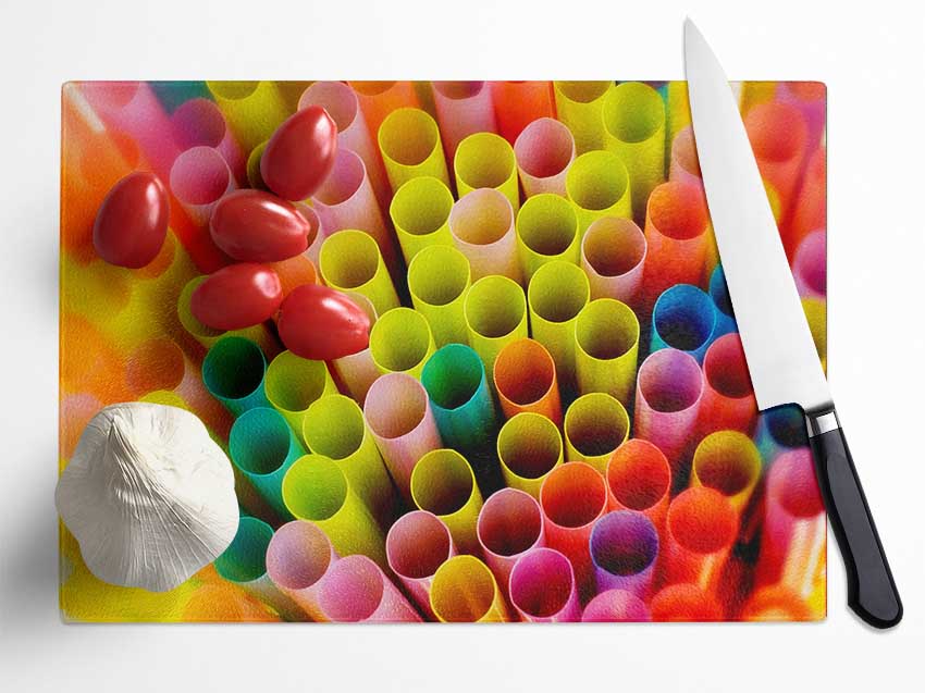 Colourful Straws Glass Chopping Board