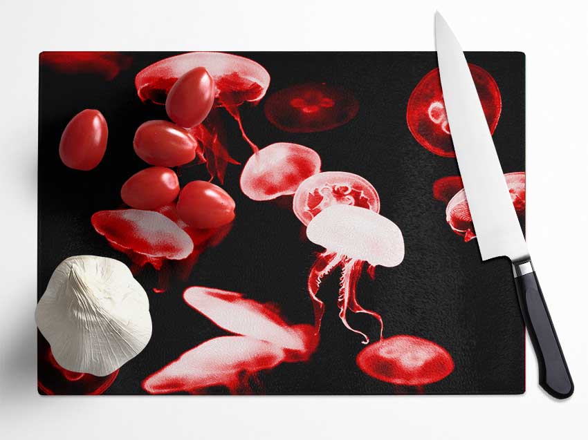 Red Neon Jellyfish Glass Chopping Board