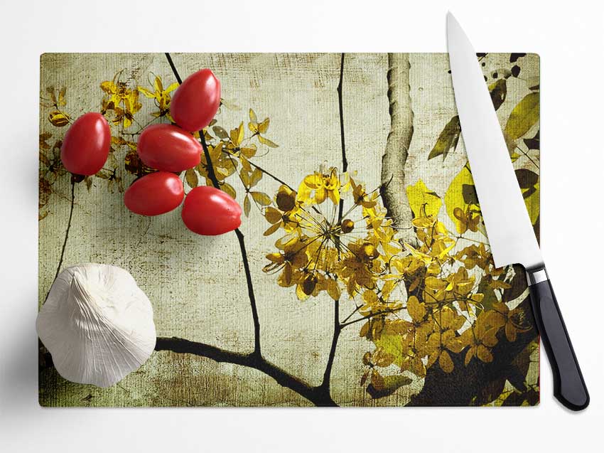 The Golden Winter Leaves Glass Chopping Board