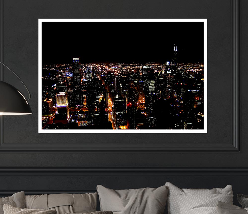 Ariel View Of The Night City Print Poster Wall Art