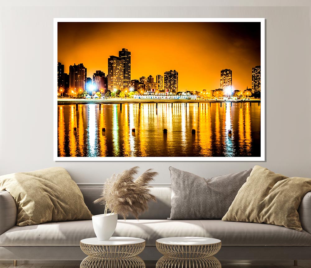 Golden City Waters Print Poster Wall Art