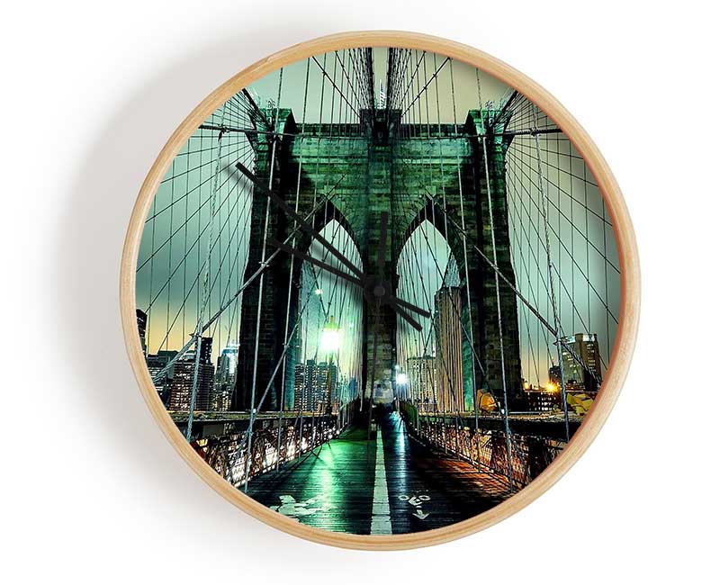 Brooklyn Bridge At Night Green Glow Clock - Wallart-Direct UK