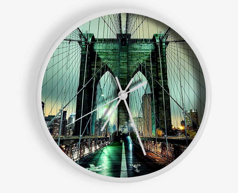 Brooklyn Bridge At Night Green Glow Clock - Wallart-Direct UK