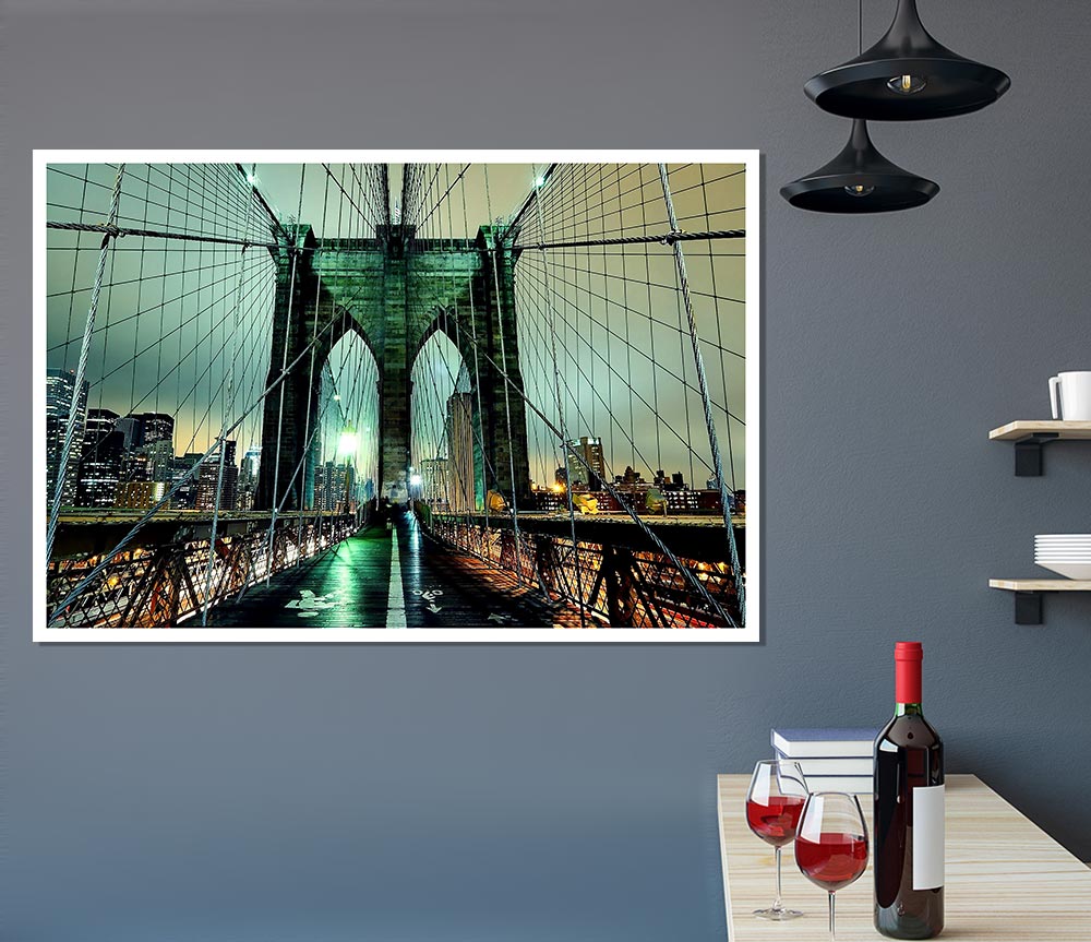 Brooklyn Bridge At Night Green Glow Print Poster Wall Art