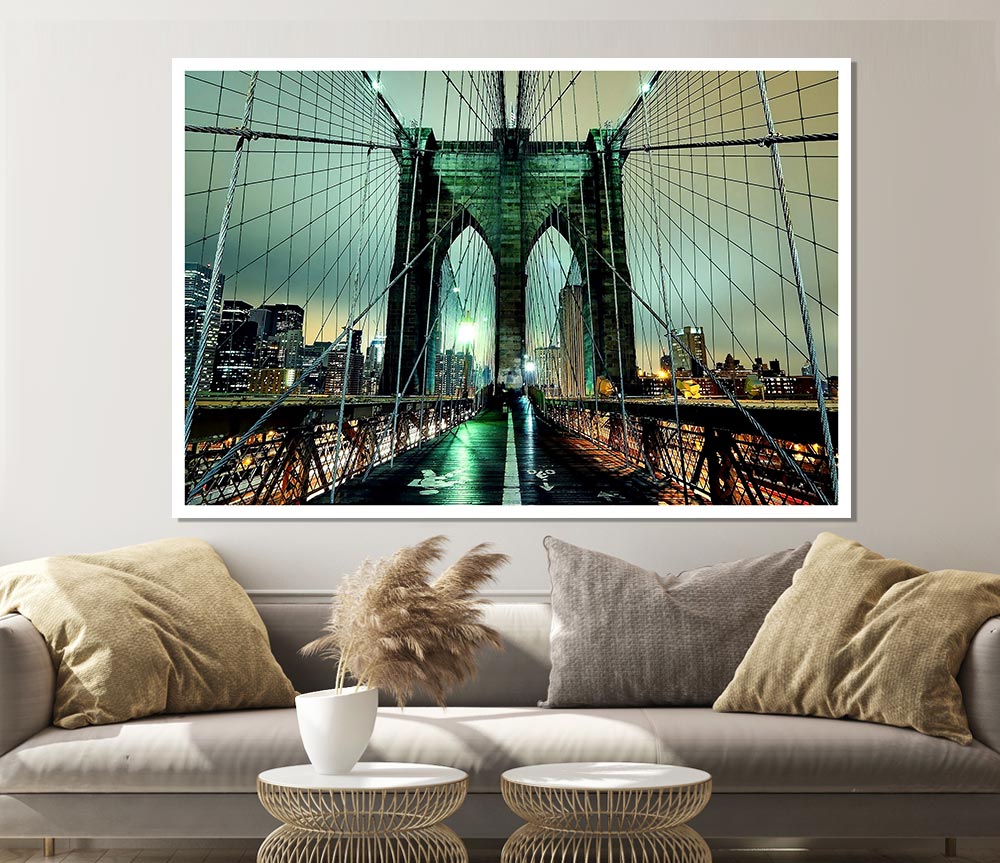 Brooklyn Bridge At Night Green Glow Print Poster Wall Art