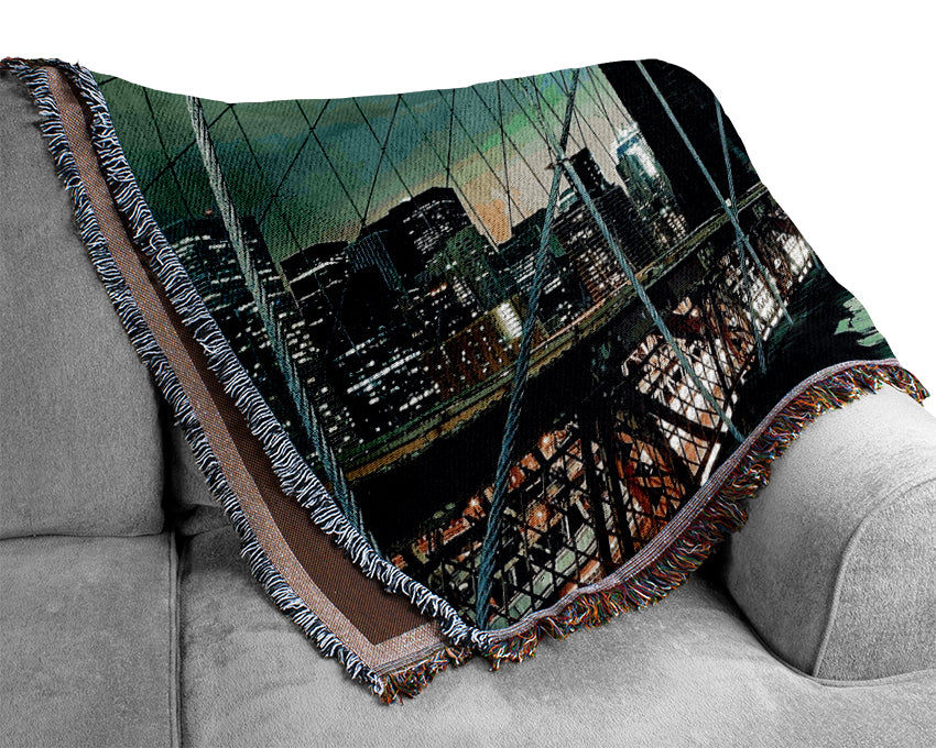 Brooklyn Bridge At Night Green Glow Woven Blanket