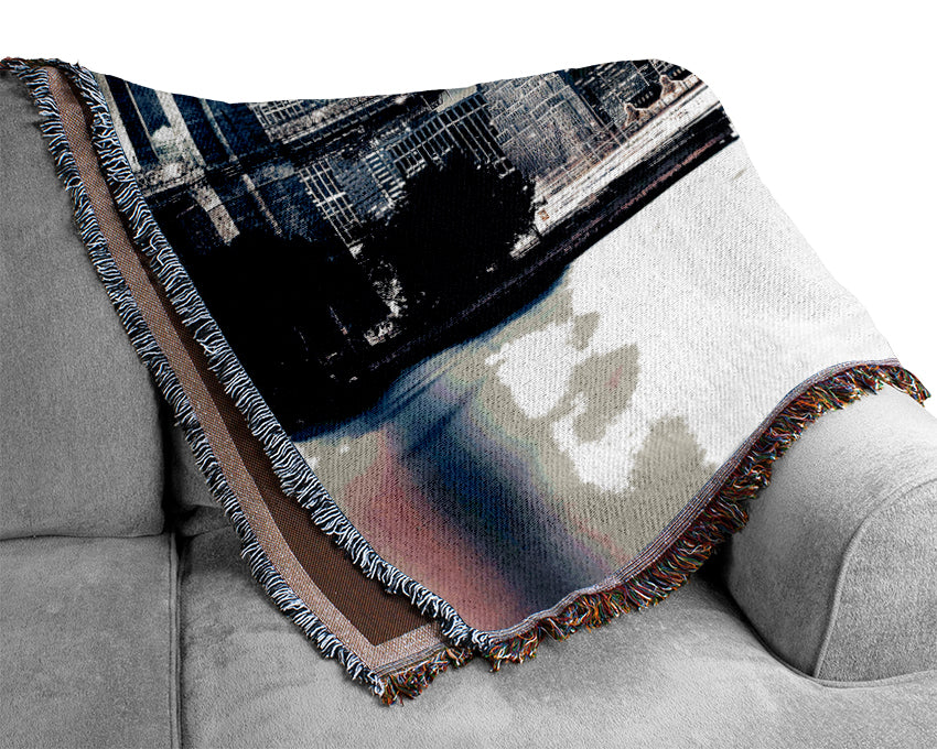 Brooklyn Bridge At Night Pink Waters Woven Blanket