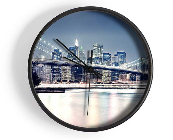 Brooklyn Bridge At Night Pink Waters Clock - Wallart-Direct UK