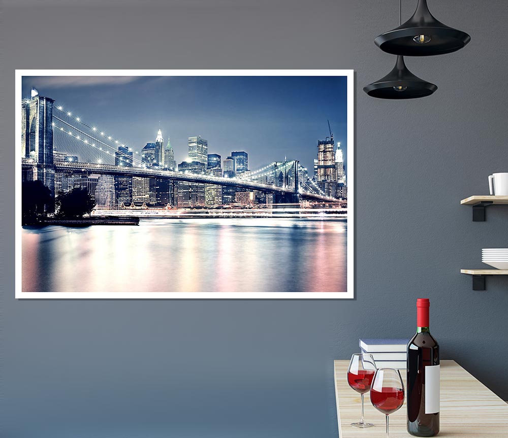 Brooklyn Bridge At Night Pink Waters Print Poster Wall Art