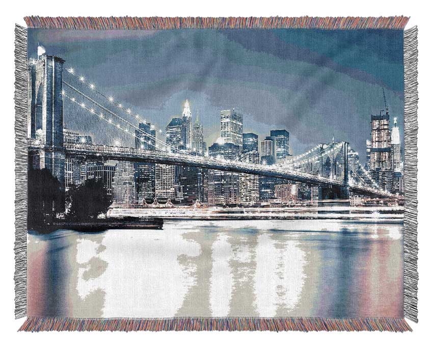 Brooklyn Bridge At Night Pink Waters Woven Blanket