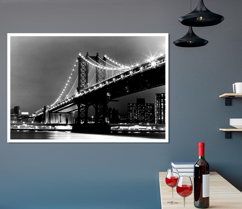 Brooklyn Bridge Lights B N W Print Poster Wall Art