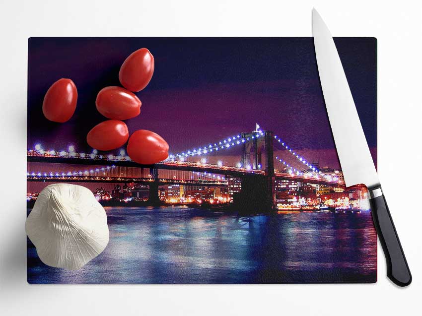 Brooklyn Bridge Lights By The Water Glass Chopping Board