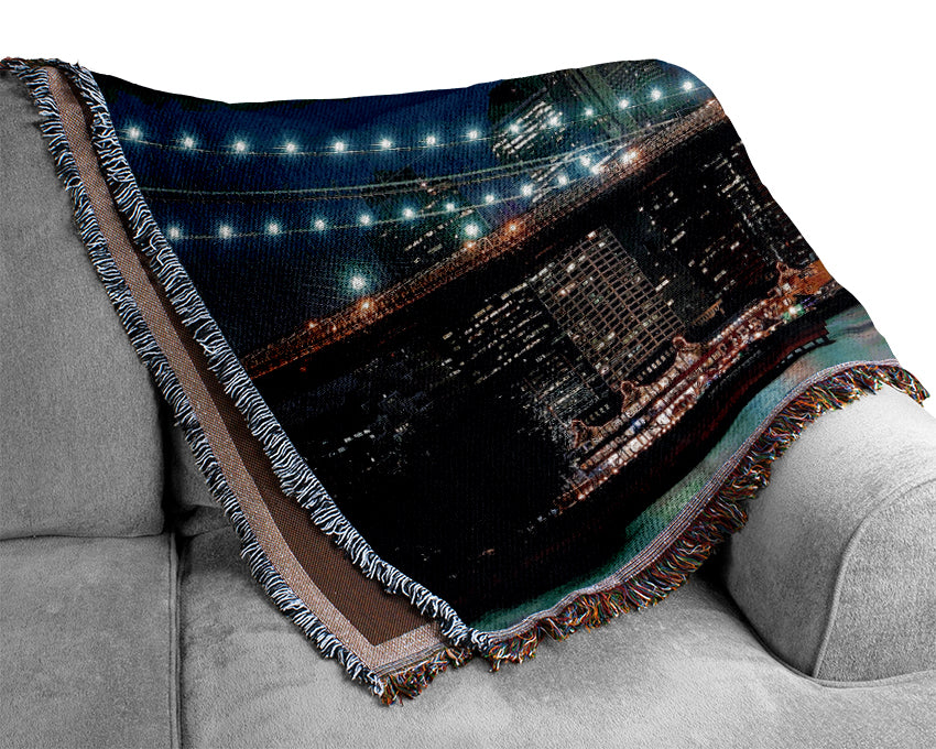 Brooklyn Bridge New York Lights Woven Blanket