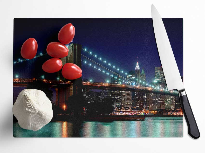 Brooklyn Bridge NYC Blue Nights Glass Chopping Board