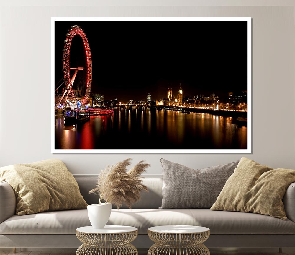 London Eye Night England Print Poster Wall Art