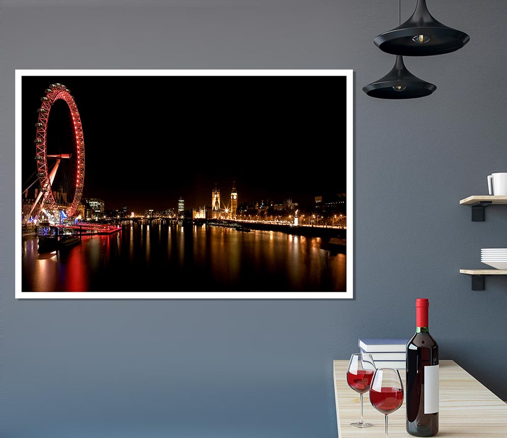 London Eye Night England Print Poster Wall Art