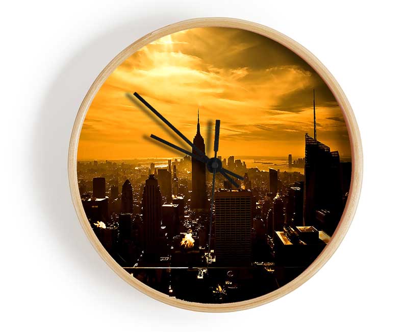 Empire State Building New York City Golden Sunset Clock - Wallart-Direct UK