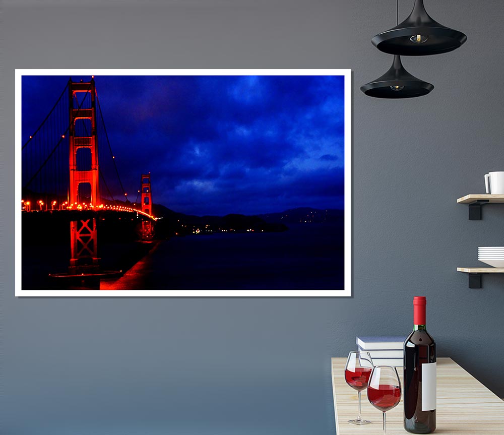 Golden Gate Bridge Red Lights Print Poster Wall Art