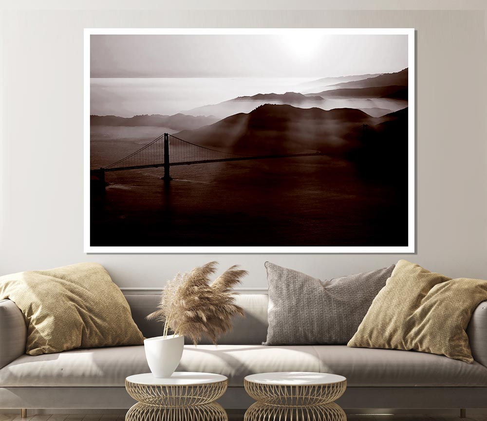 Goldon Gate Bridge Misty Morning Brown Print Poster Wall Art