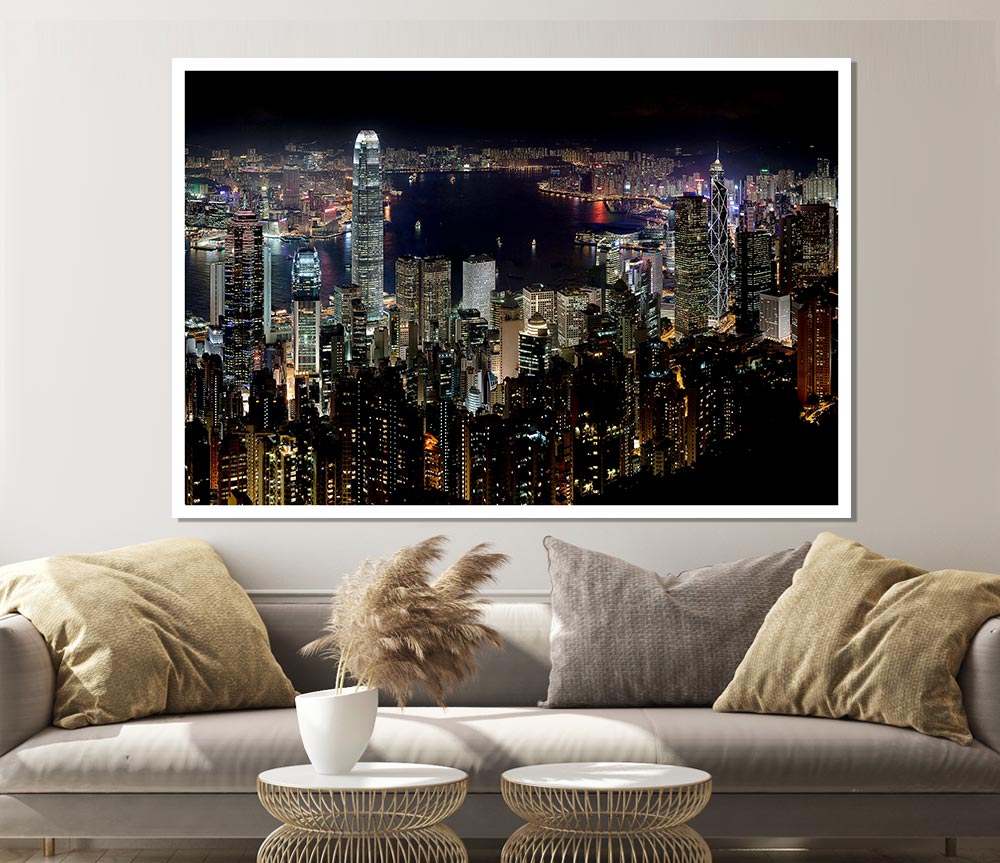 Hong Kong Waters At Night Print Poster Wall Art