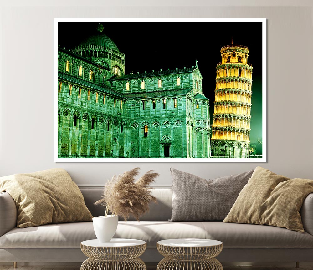 Leaning Tower Of Pisa Green Hue Print Poster Wall Art