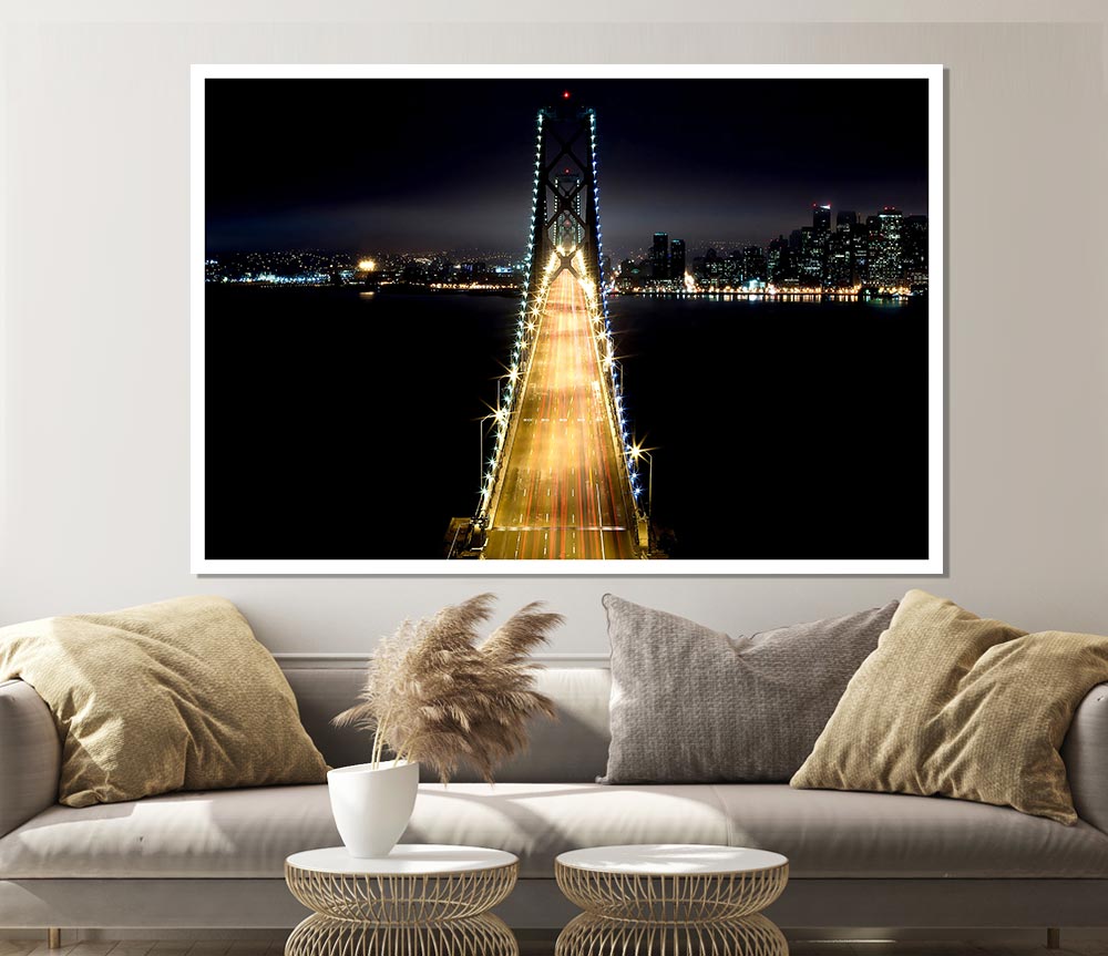 Lights On Bay Bridge Print Poster Wall Art