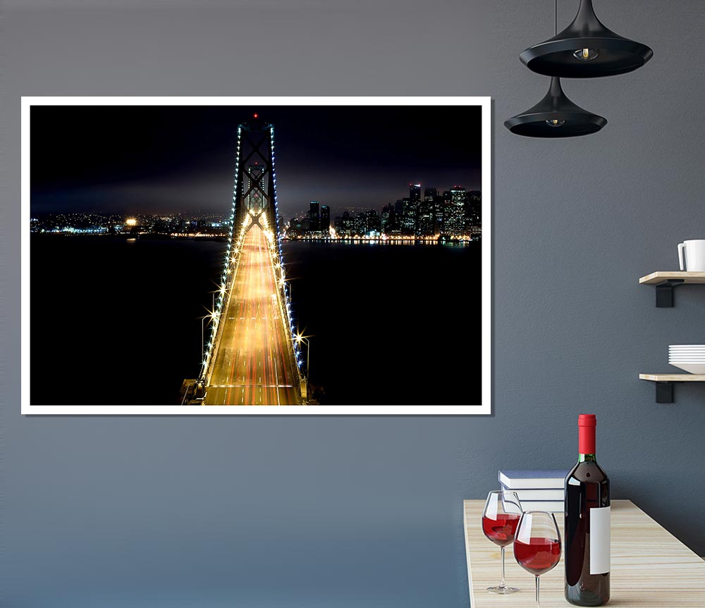 Lights On Bay Bridge Print Poster Wall Art