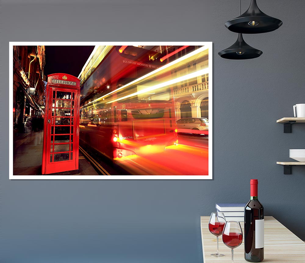 London Red Night Bus Blur Print Poster Wall Art