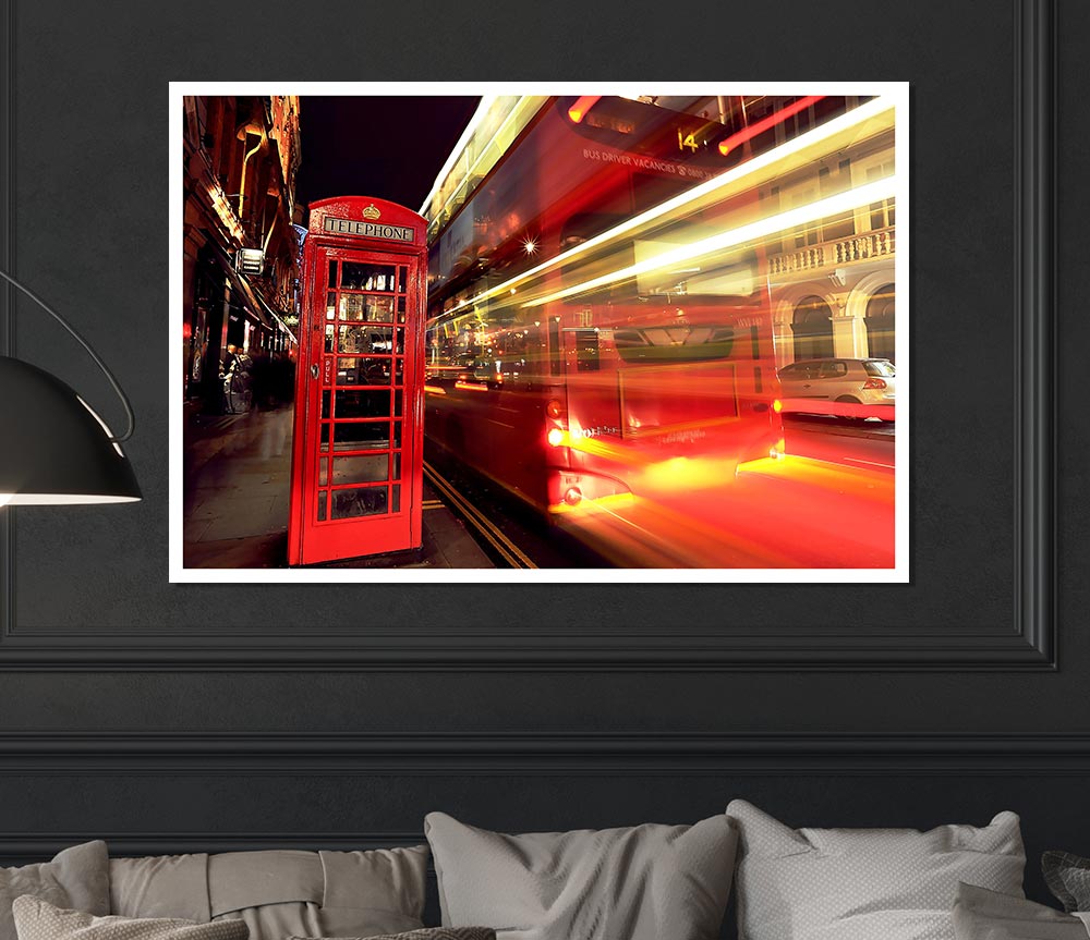 London Red Night Bus Blur Print Poster Wall Art