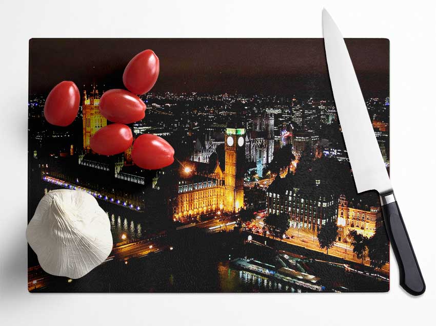 London Ariel View Night Lights Glass Chopping Board