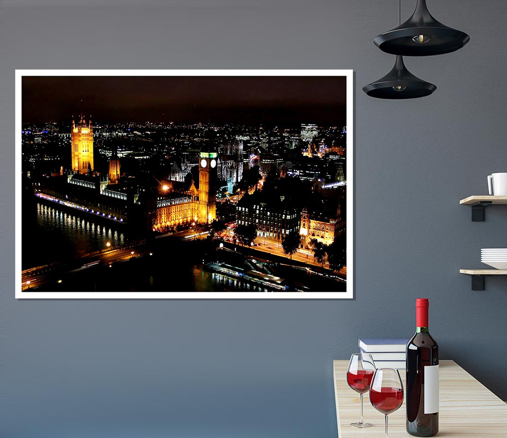 London Ariel View Night Lights Print Poster Wall Art