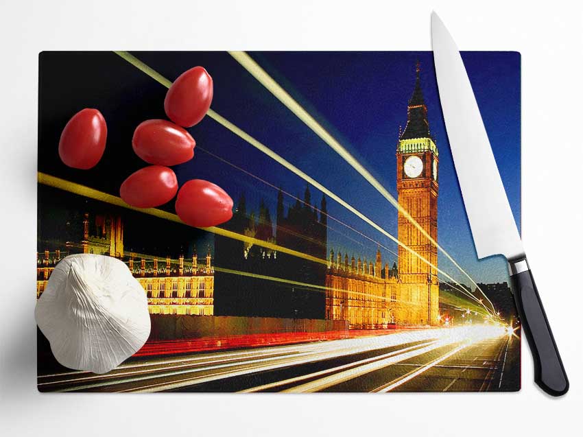 London Big Ben Lights Glass Chopping Board