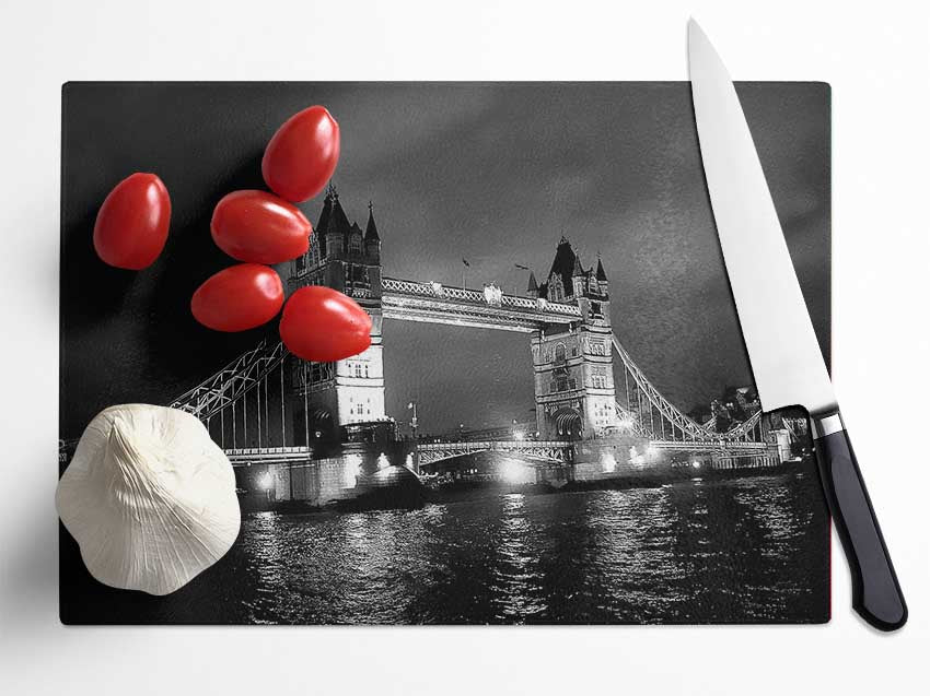 London Bridge At Night B n W Glass Chopping Board