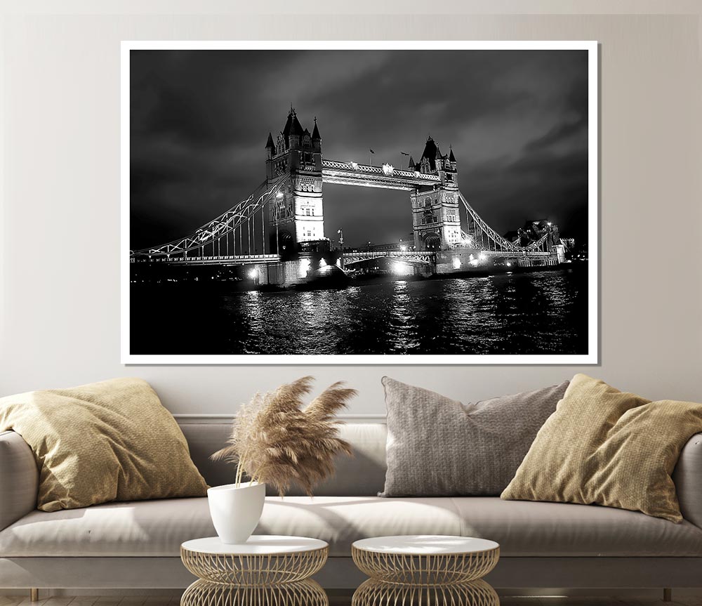 London Bridge At Night B N W Print Poster Wall Art