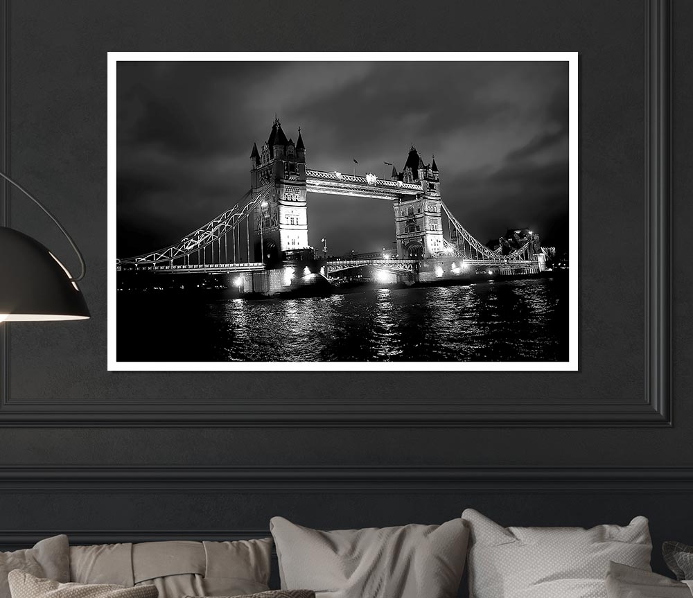 London Bridge At Night B N W Print Poster Wall Art