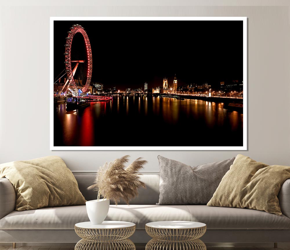 London Eye Red Water Reflections Print Poster Wall Art