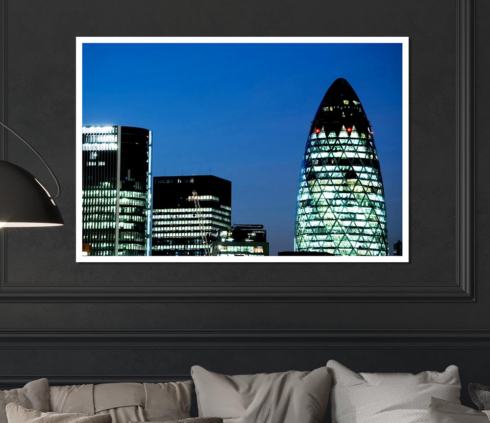 London Gherkin Night Lights Print Poster Wall Art